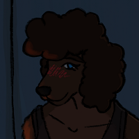 Thumbnail of a dog blushing while looking at the viewer.